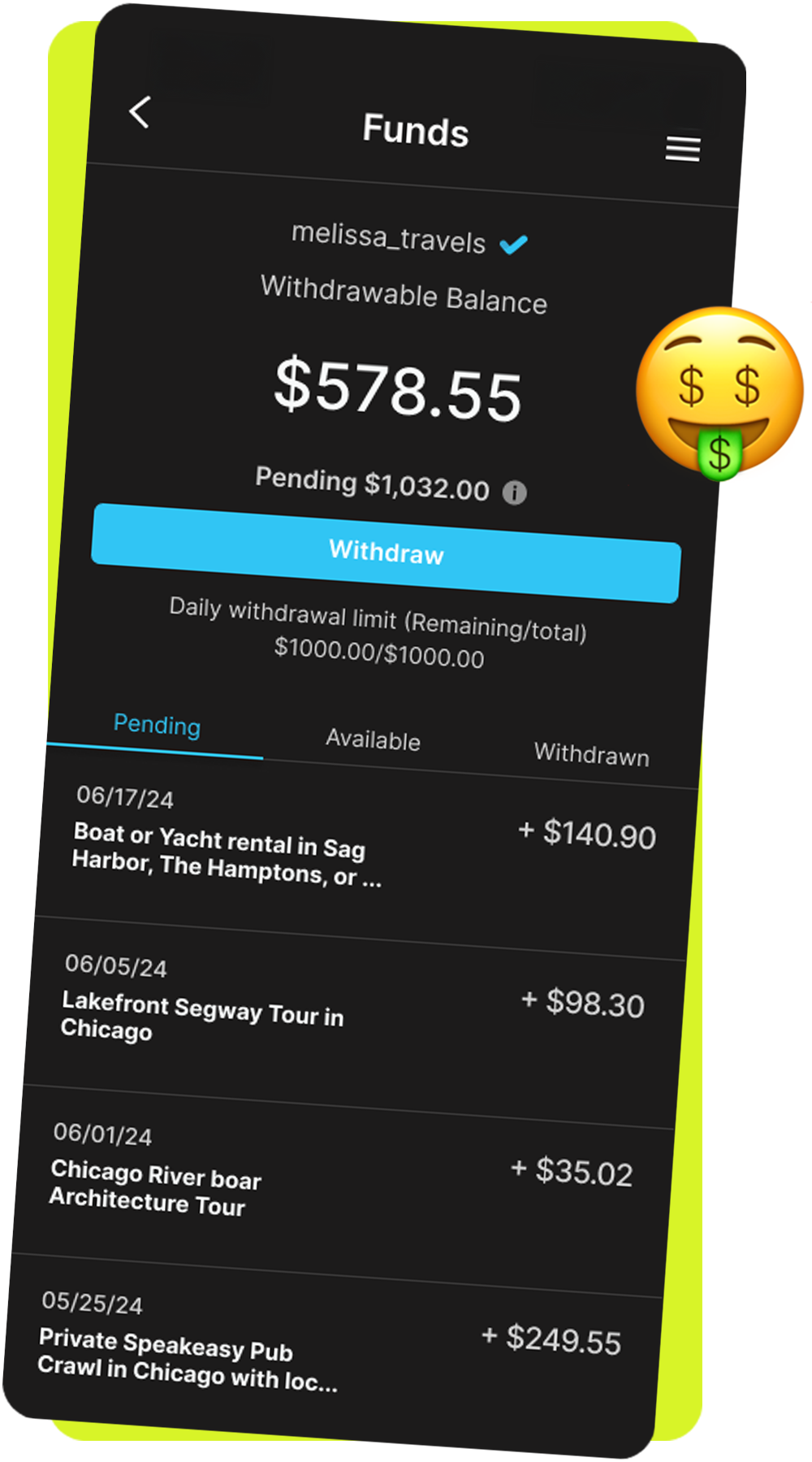Otsy creator portal showing real-time earnings from bookings