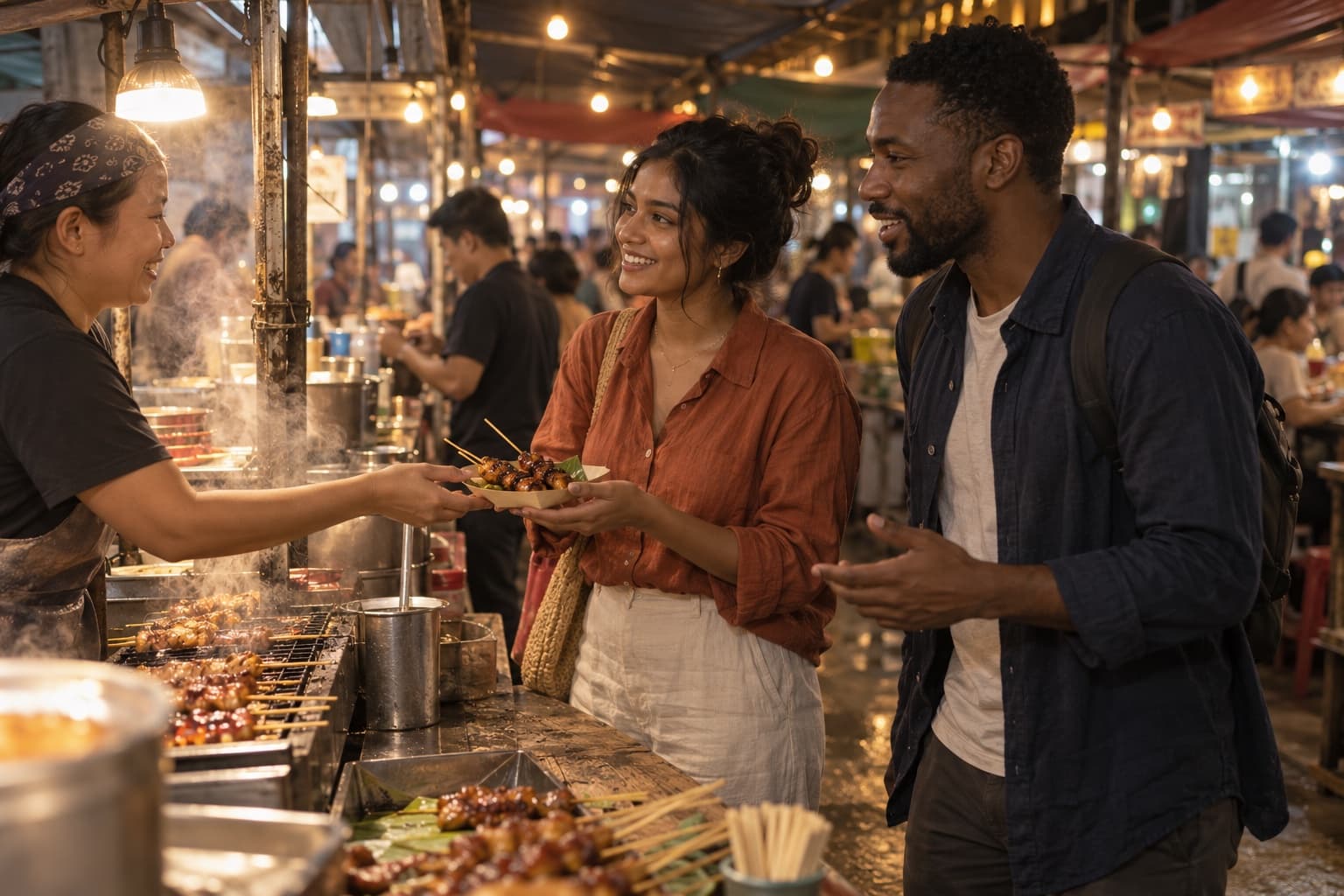 Two friends on an evening street-food tour, one holding grilled skewers handed over by the vendor