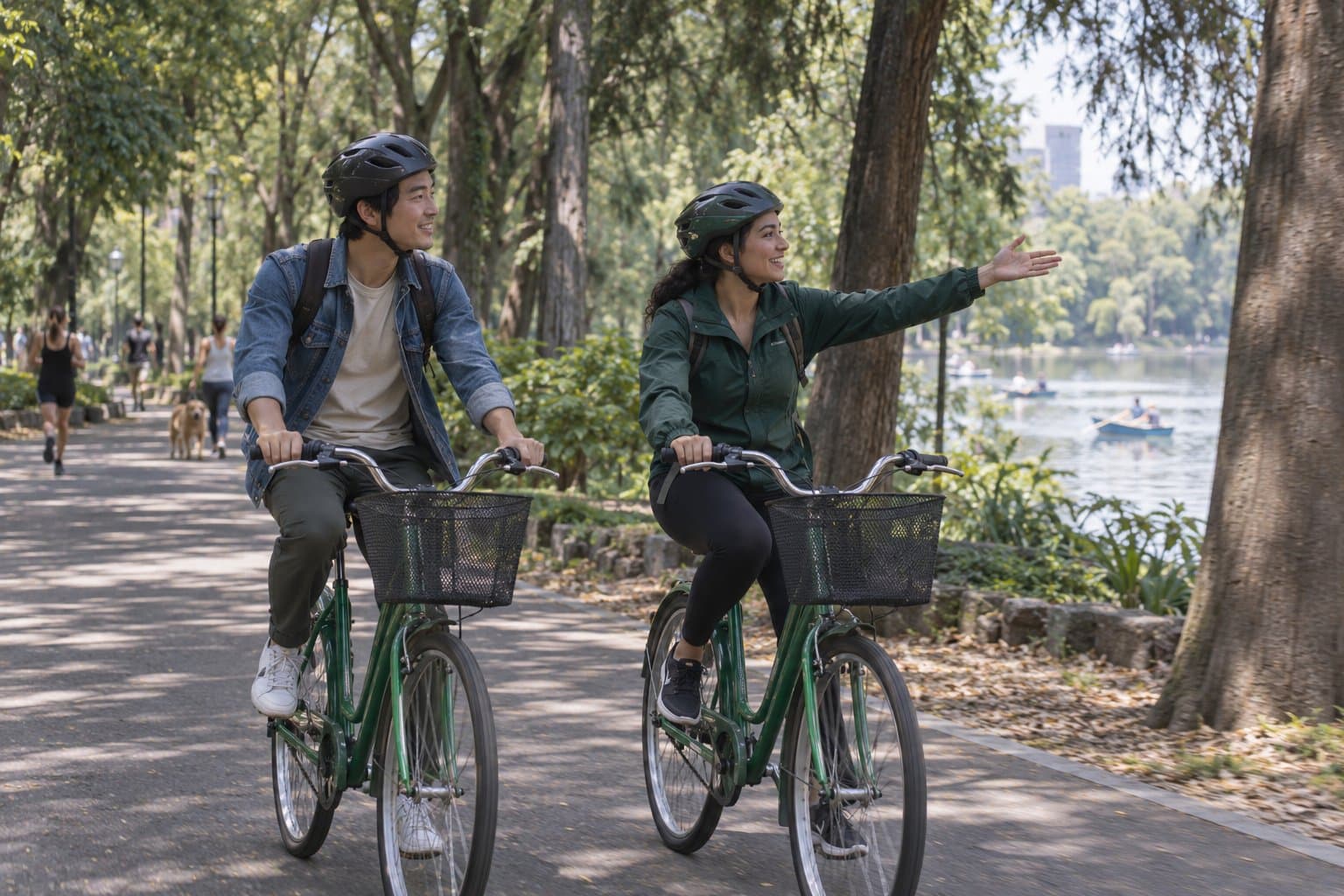 A guide gestures toward a lake as she and a traveler ride bikes along a tree-lined park path.