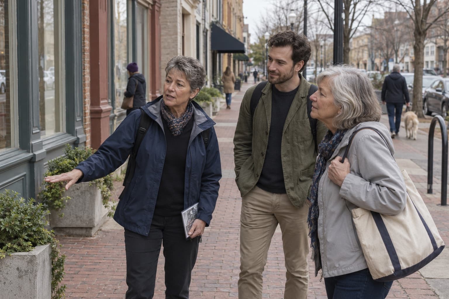 Three travelers on a guided downtown walk pause on a brick sidewalk while their guide points out a detail on the storefronts.