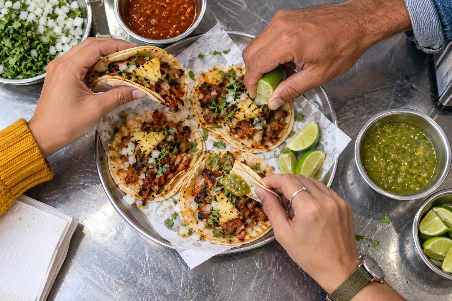 Three friends' hands share a tray of tacos al pastor with pineapple, lime and salsa at a street-food counter.