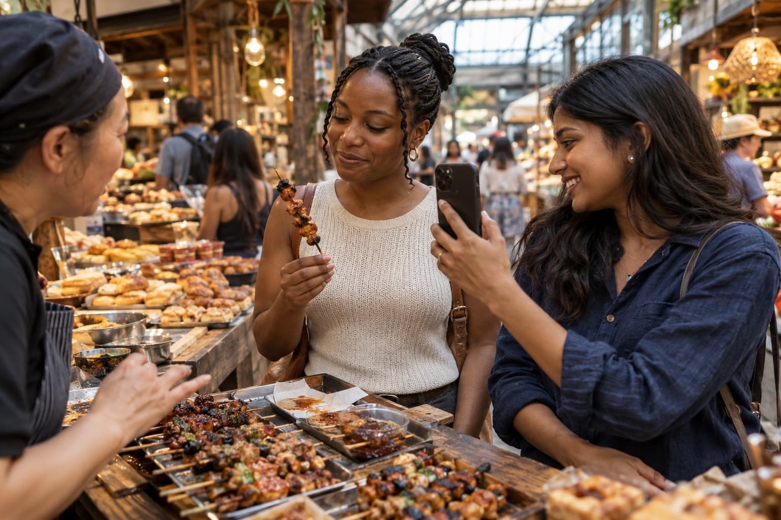 Two friends at a long counter in a covered food market, one filming a short clip on her phone while the other tries a dish.