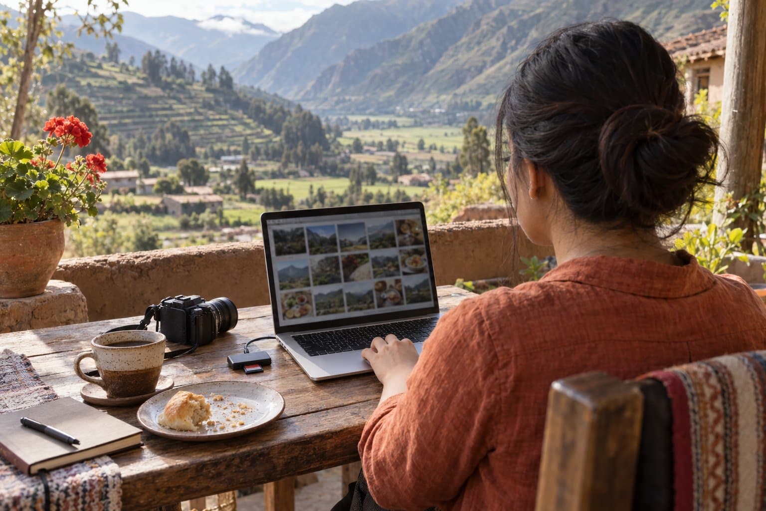 A traveler sorts photos from a day trip on her laptop at a guesthouse terrace table above a green mountain valley, with a camera and coffee beside her
