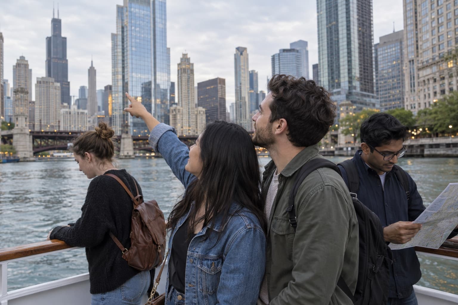 Four friends lean on the railing of a Chicago River sightseeing boat in the early evening, one pointing toward the skyline while the others look at the water and a paper map.