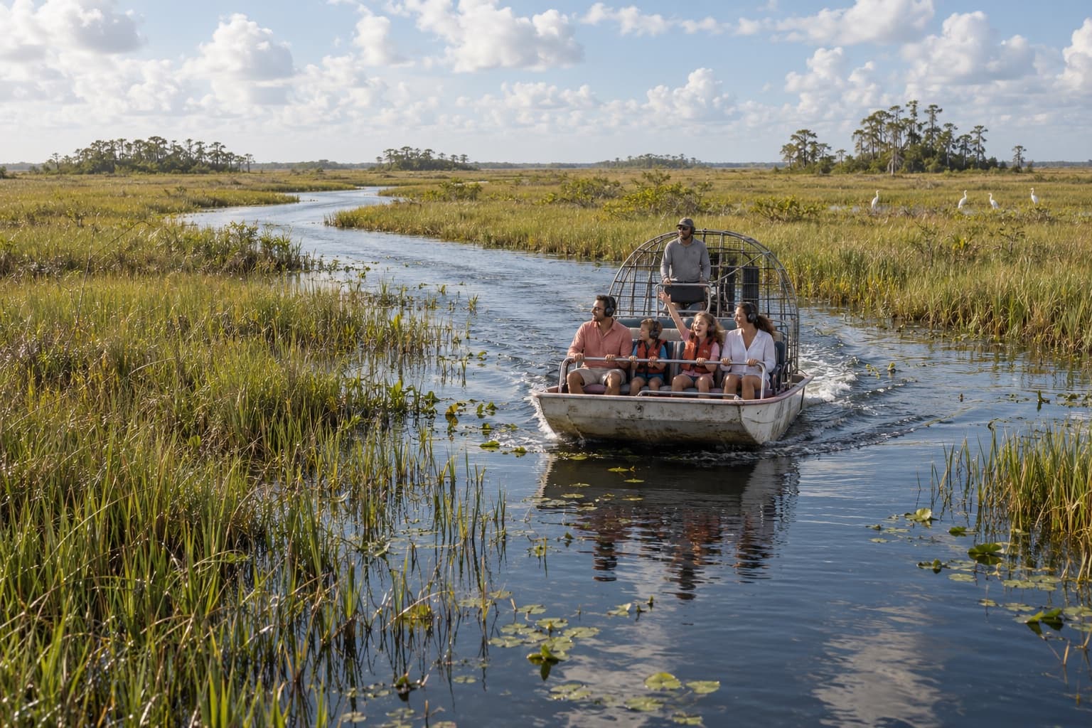 A family of four in life vests and ear protection rides an airboat down a narrow channel through Everglades sawgrass while a guide drives from the rear seat.