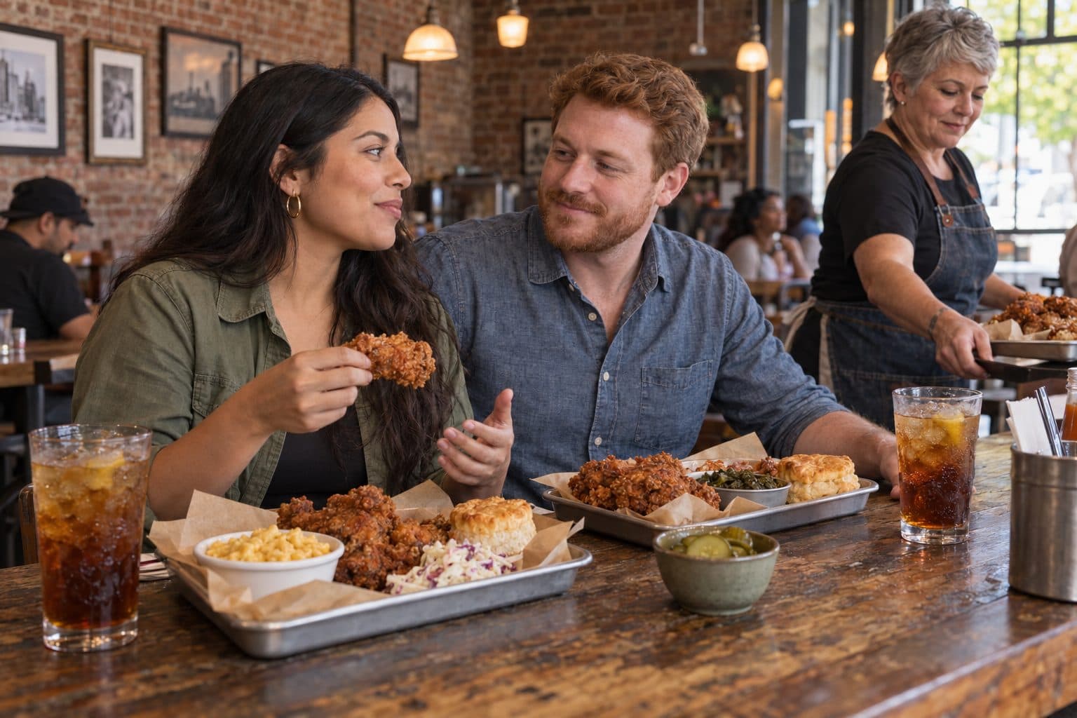 A couple shares fried chicken, biscuits and sides at a brick-walled Nashville restaurant while a server brings out more plates.