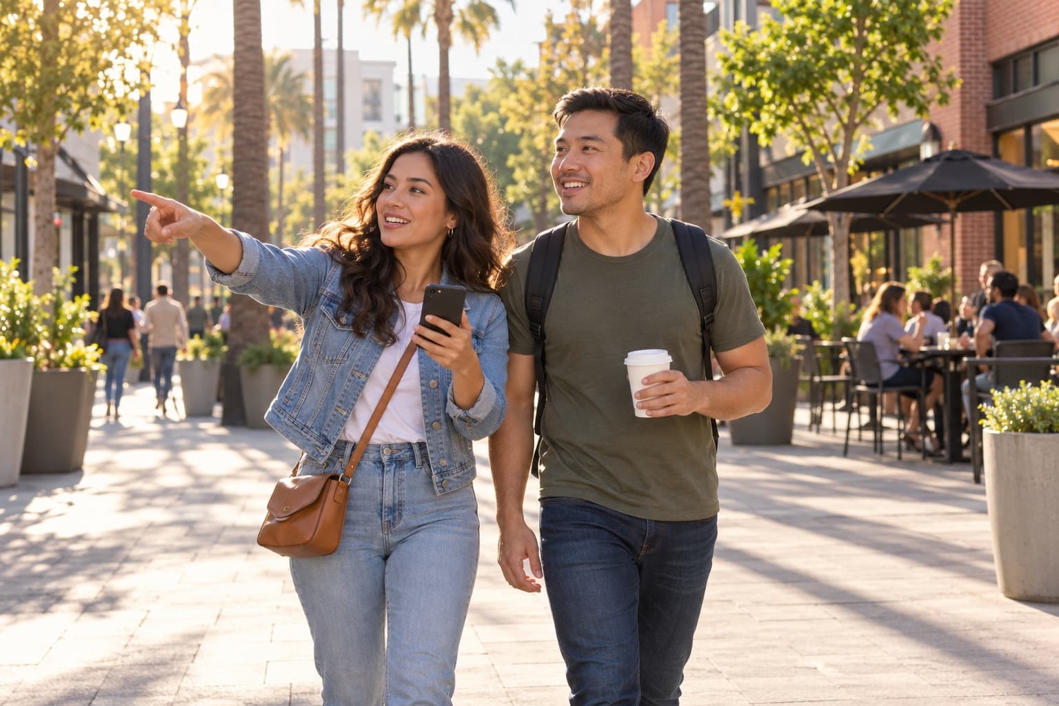 Two friends on a self-guided walking game stroll through a sunlit downtown San Jose plaza, one pointing ahead with her phone in hand while the other, holding a coffee, follows her gaze.