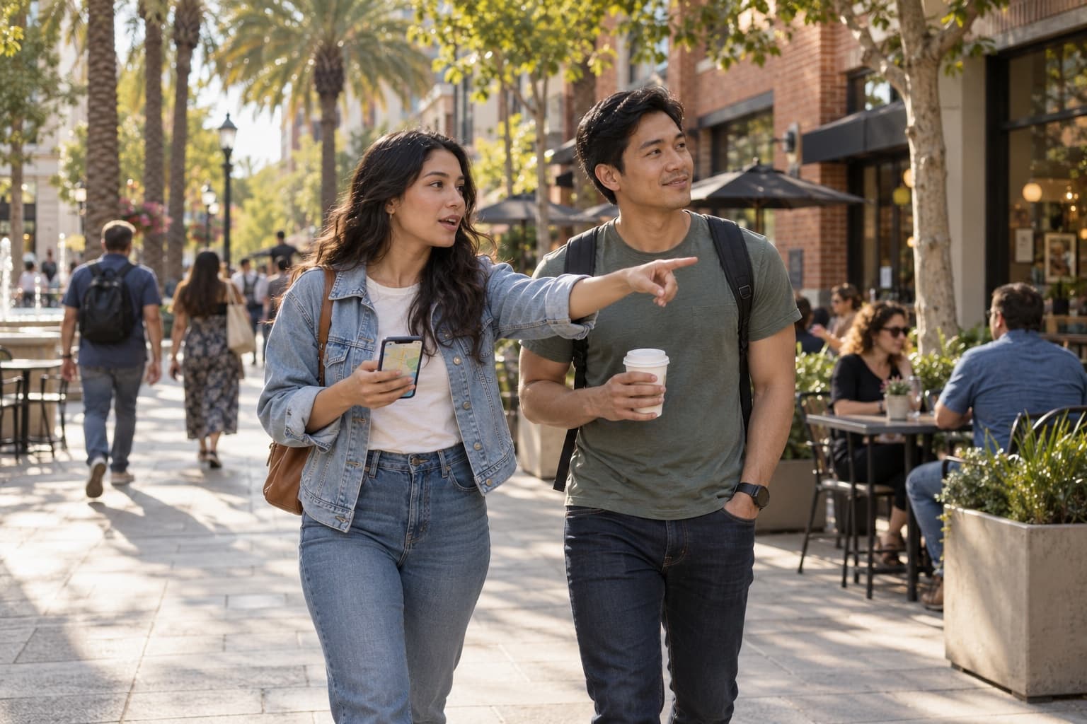 Two friends on a self-guided walking game pause in a sunlit downtown San Jose plaza, one pointing out a clue on their phone while the other looks on with a coffee in hand.