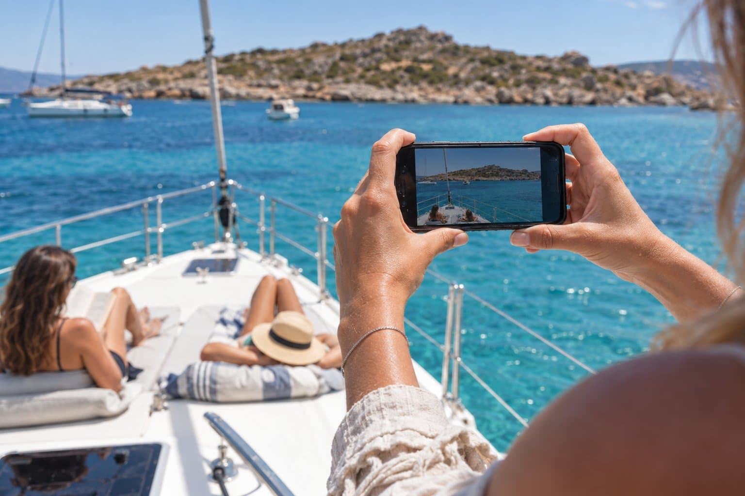A creator's hands frame a sailboat bow and a turquoise bay on a phone held horizontally during a day trip at anchor