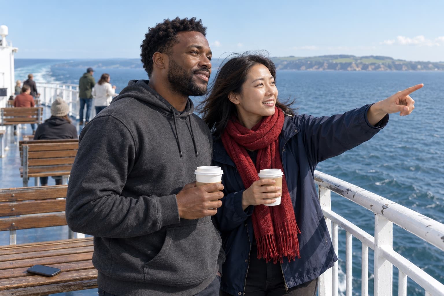Two travelers stand at a ferry railing holding takeaway coffees, pointing toward a low coastline across open water.