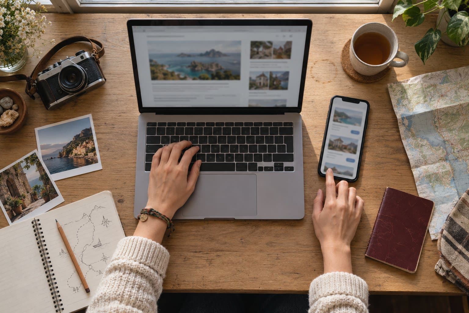 Overhead view of a travel blogger's desk with hands on a laptop, a phone, a route sketch, a passport, a film camera, trip prints and tea