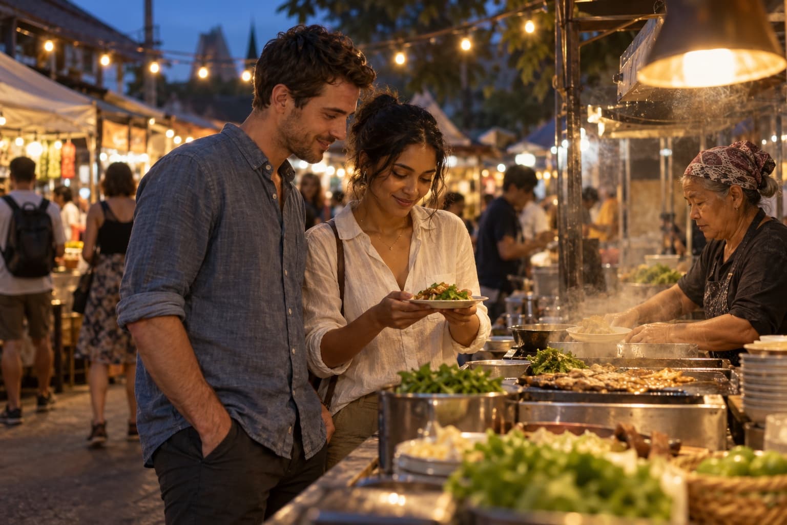 Two friends at an open-air night market tasting counter, sharing a freshly plated dish while a vendor plates another behind them