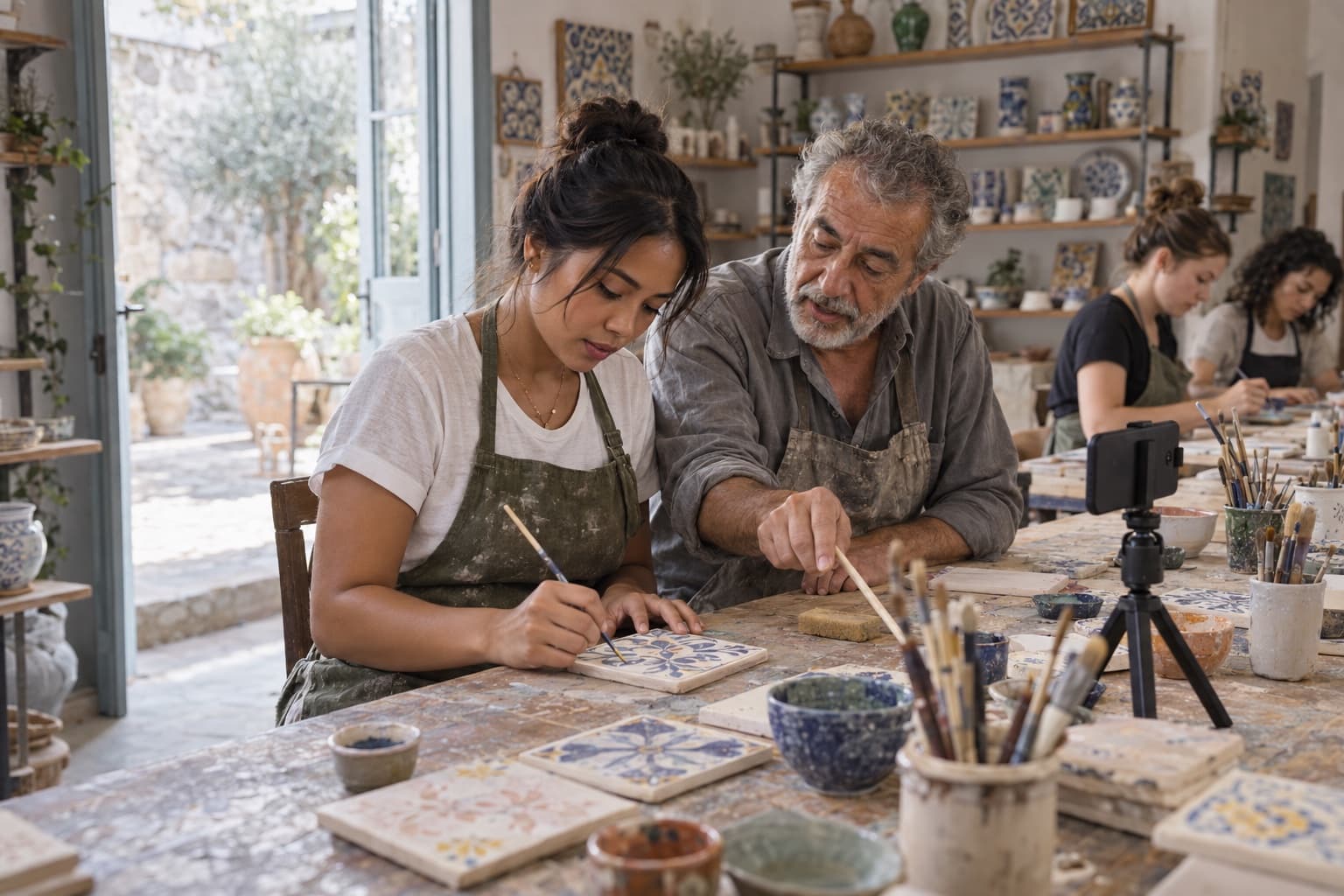 A traveler paints a tile at a shared table in a ceramics studio as the instructor points, a phone on a tripod recording.