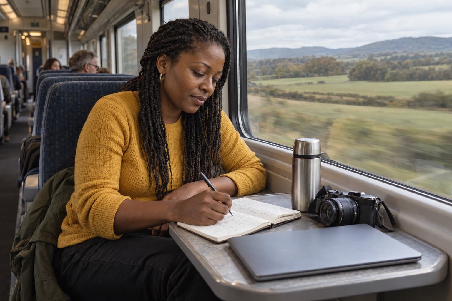 A solo traveler in a mustard-yellow top writes in a notebook at a train window seat, countryside blurring past.