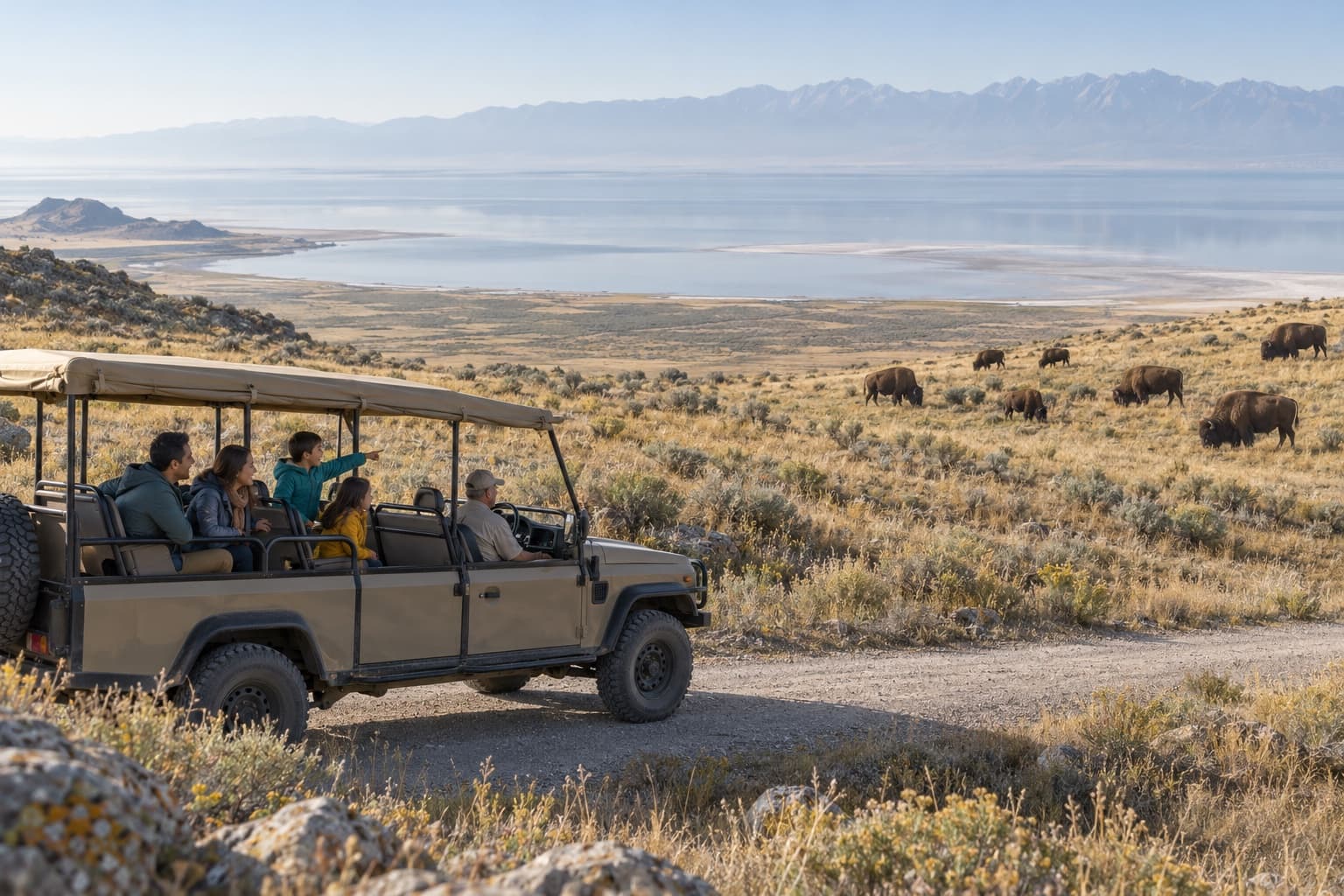 A family in an open-sided tour vehicle on Antelope Island watches a bison herd graze on the hillside above the Great Salt Lake.