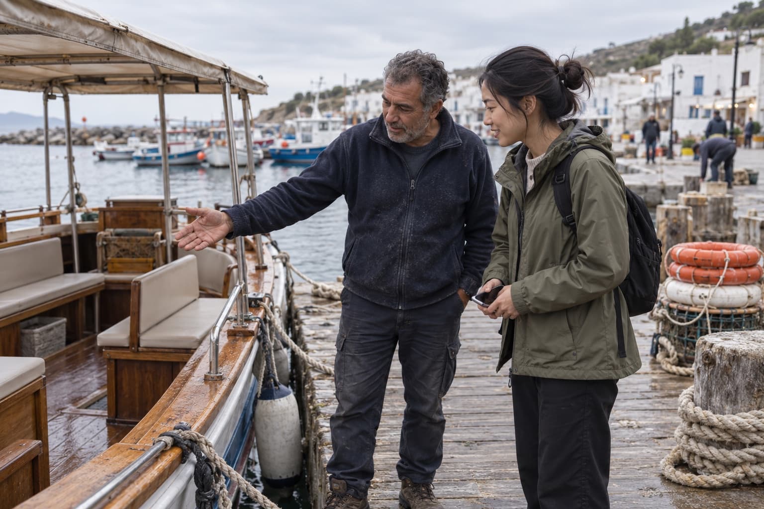 A boat operator gestures toward the seats of a small wooden tour boat as a traveler listens, phone held low, on a pier.
