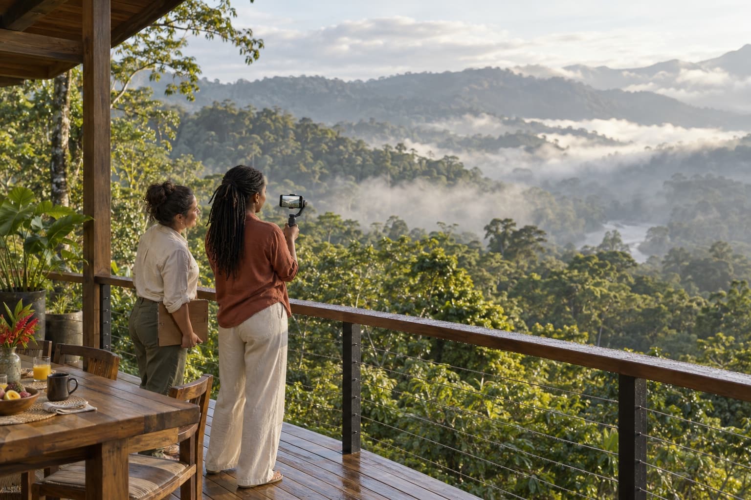 A travel creator films a misty rainforest valley on a phone mounted on a handheld gimbal from an eco-lodge deck while the lodge host stands beside her