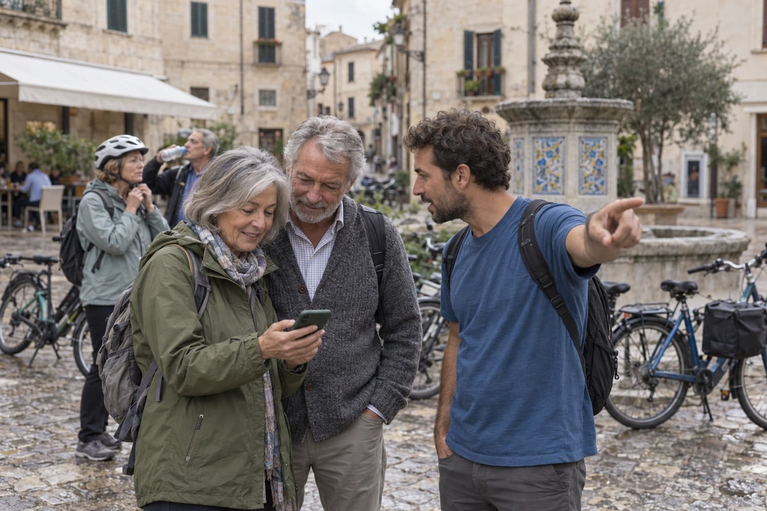 A couple in their 60s beside parked bikes in a cobbled square, one holding a phone low while a guide points down a lane.